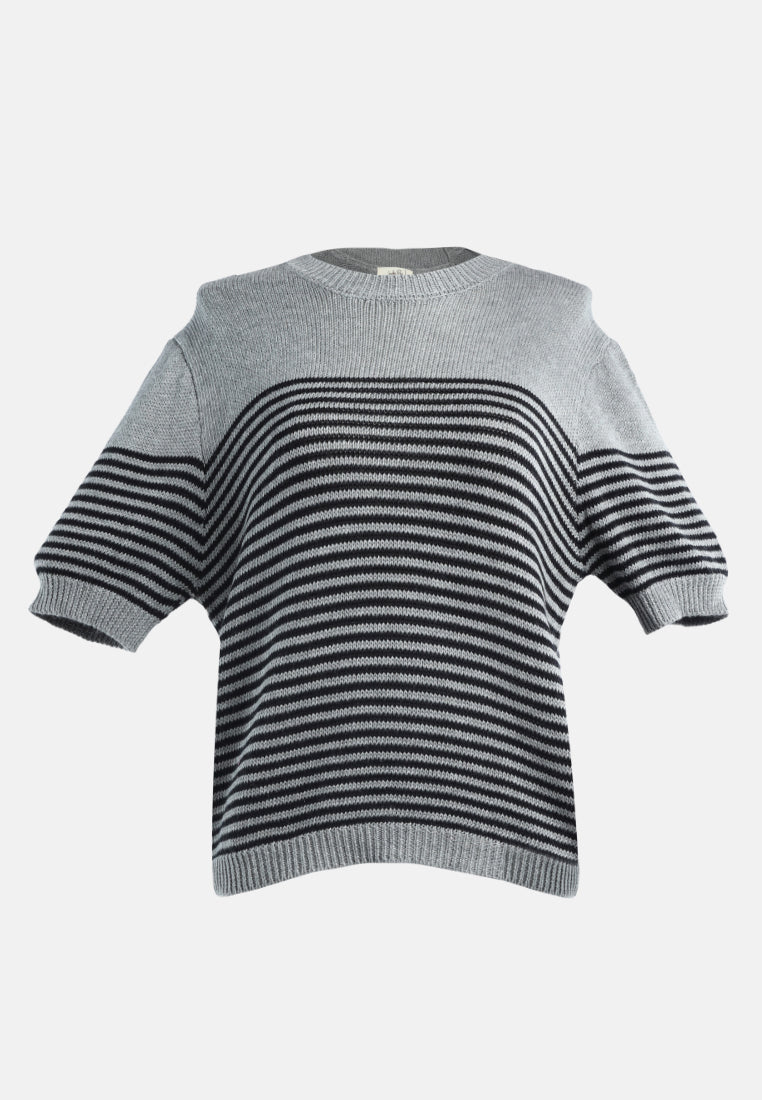 stripped crew neck casual top#color_black