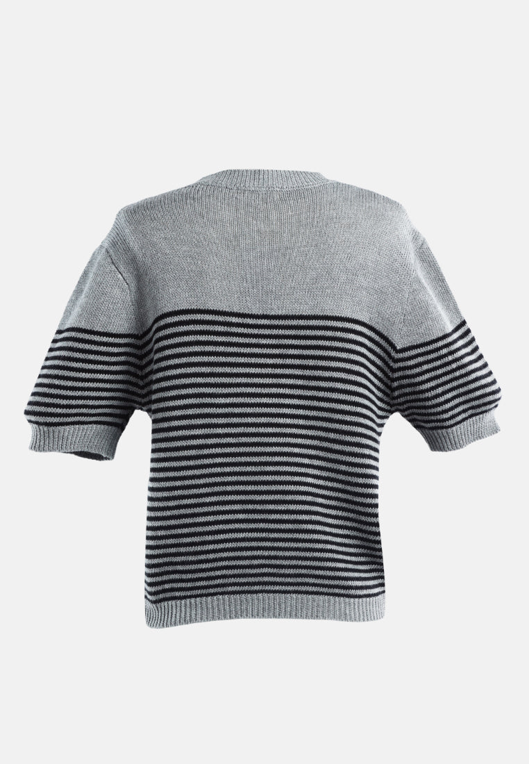 stripped crew neck casual top#color_black