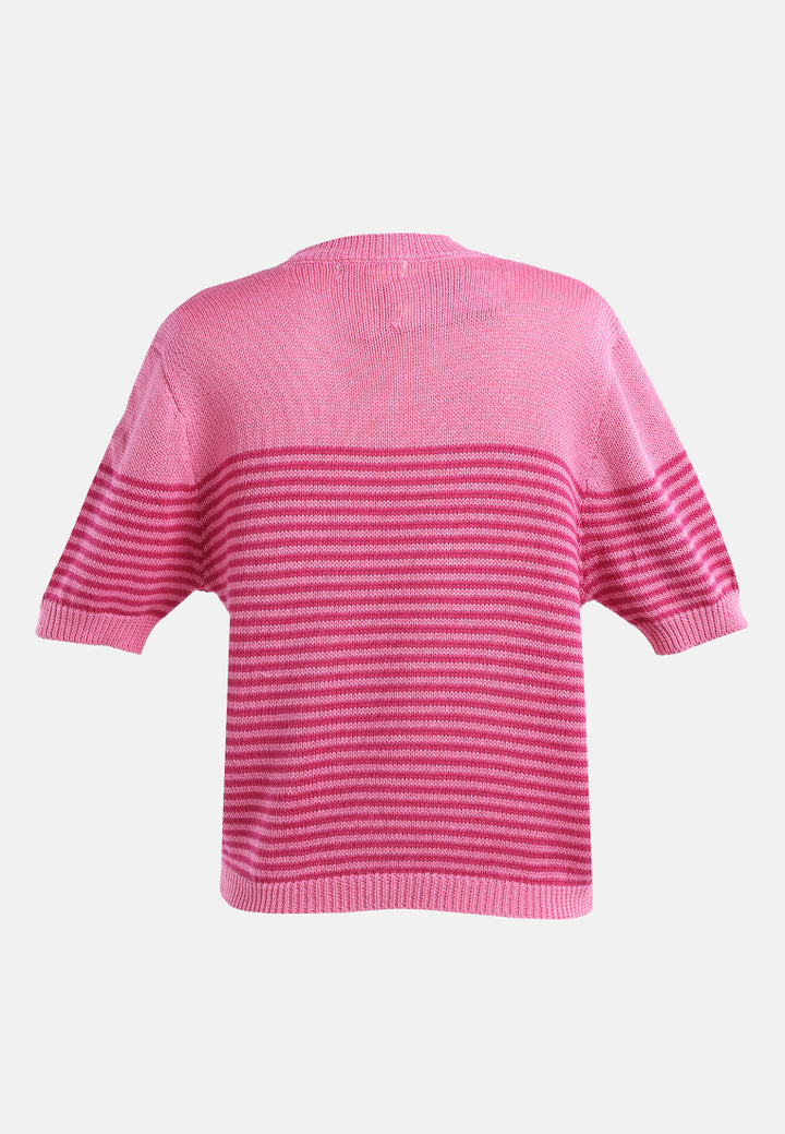 stripped crew neck casual top#color_pink