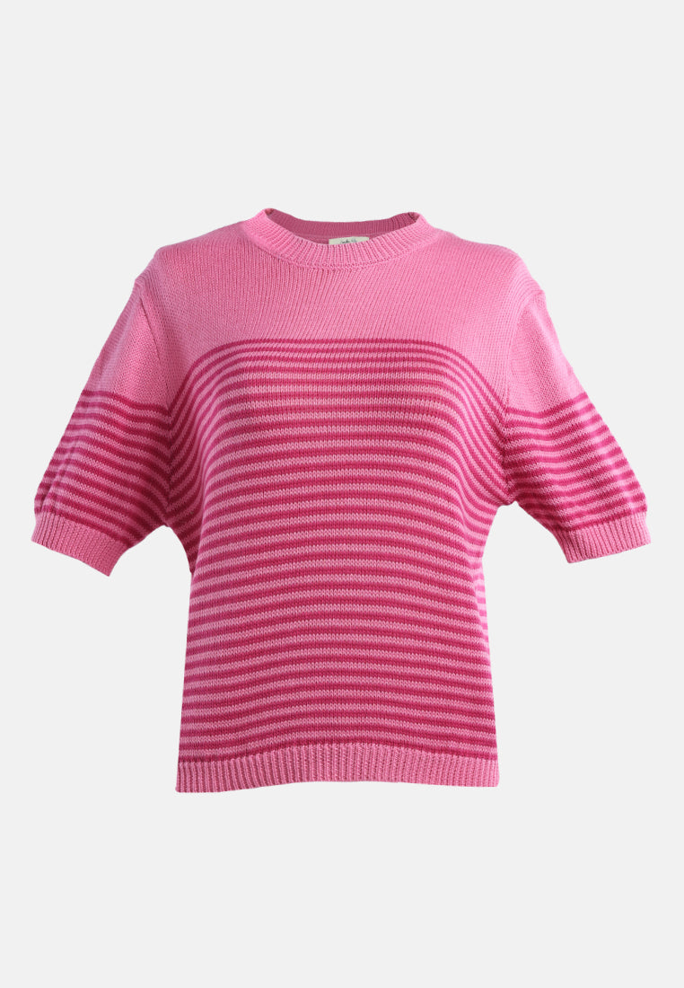stripped crew neck casual top#color_pink