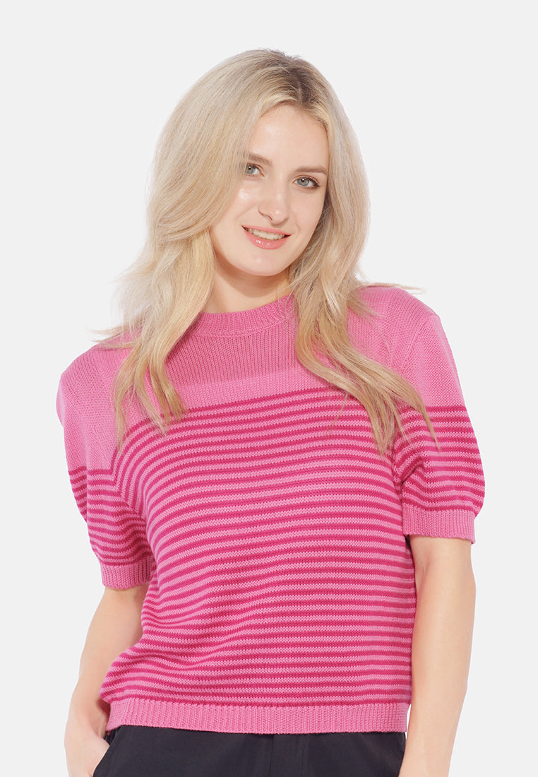 stripped crew neck casual top#color_pink