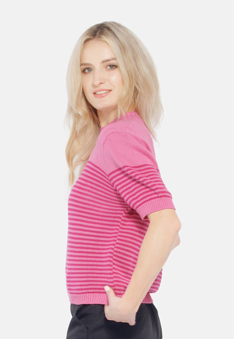 stripped crew neck casual top#color_pink