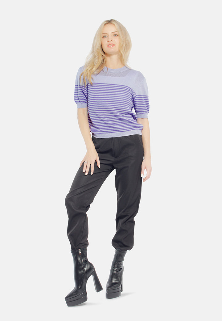 stripped crew neck casual top#color_purple