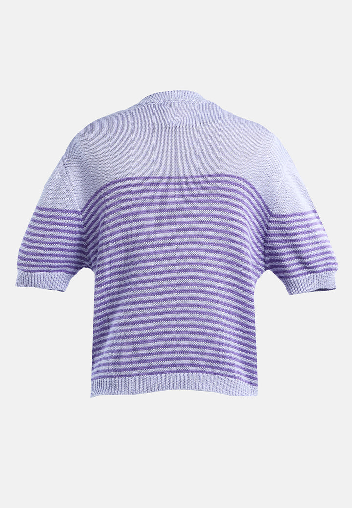 stripped crew neck casual top#color_purple