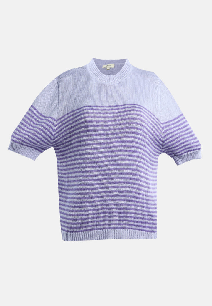 stripped crew neck casual top#color_purple