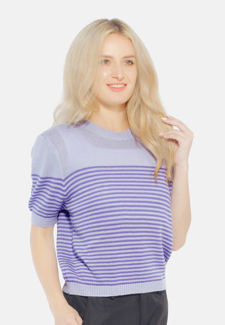 stripped crew neck casual top#color_purple