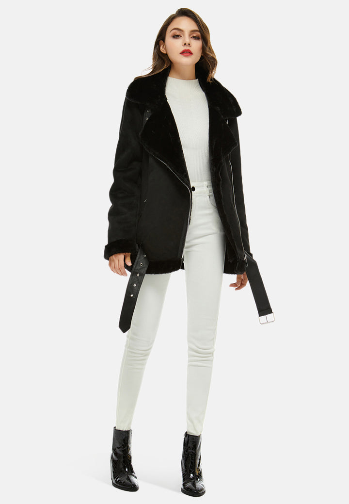 suede belted fur lined jacket#color_black