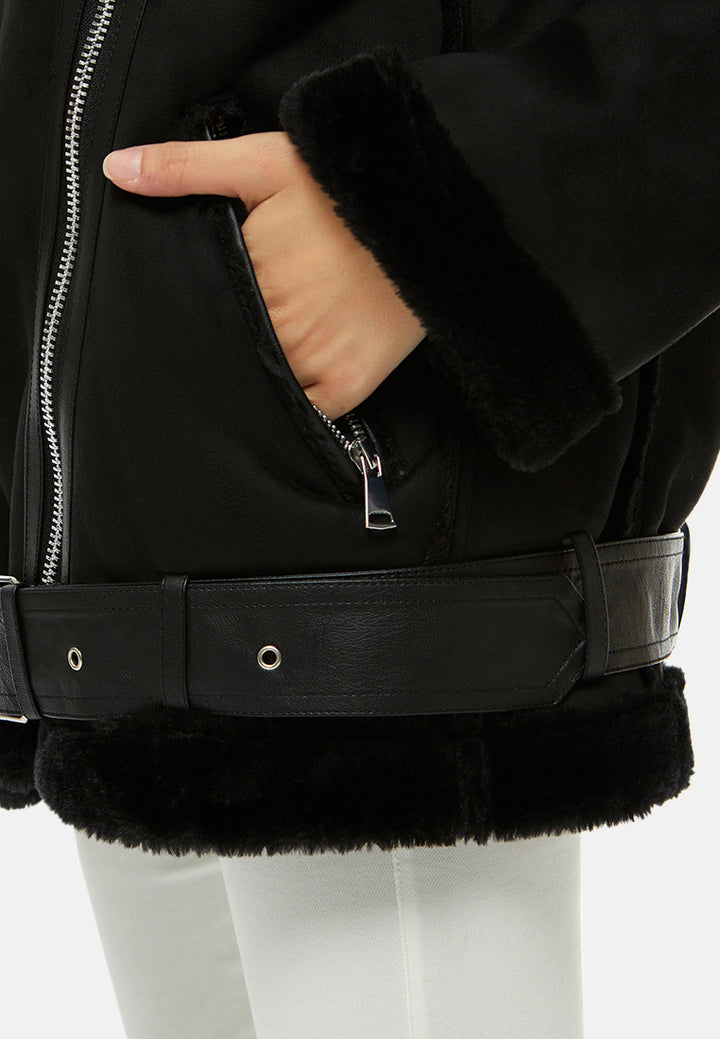 suede belted fur lined jacket#color_black