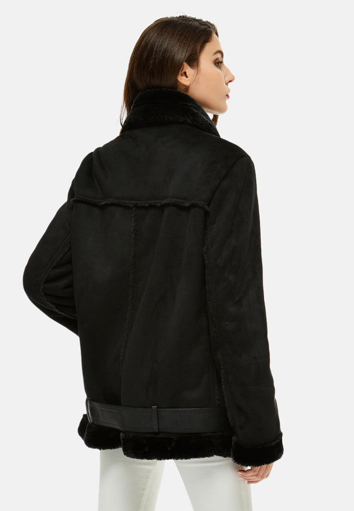 suede belted fur lined jacket#color_black