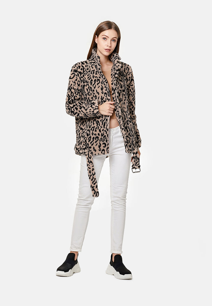 teddy faux fur belted jacket#color_camel-leopard