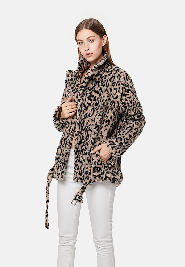 teddy faux fur belted jacket#color_camel-leopard