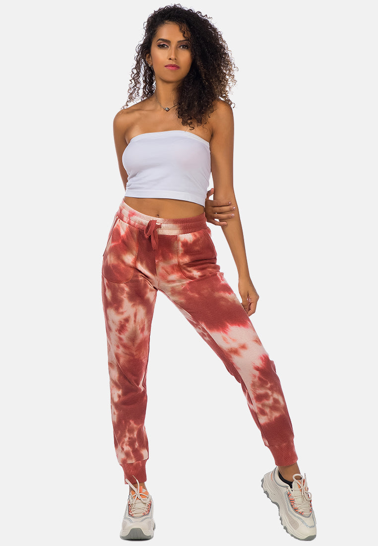 tie dye print drawstring cuffed joggers#color_brown