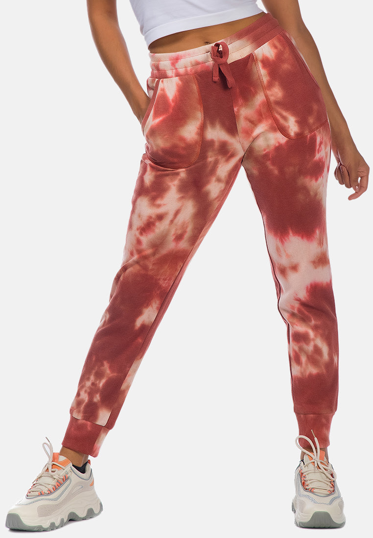 tie dye print drawstring cuffed joggers#color_brown