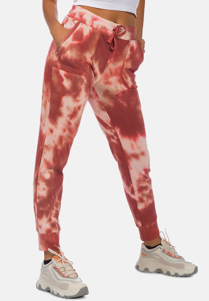 tie dye print drawstring cuffed joggers#color_brown