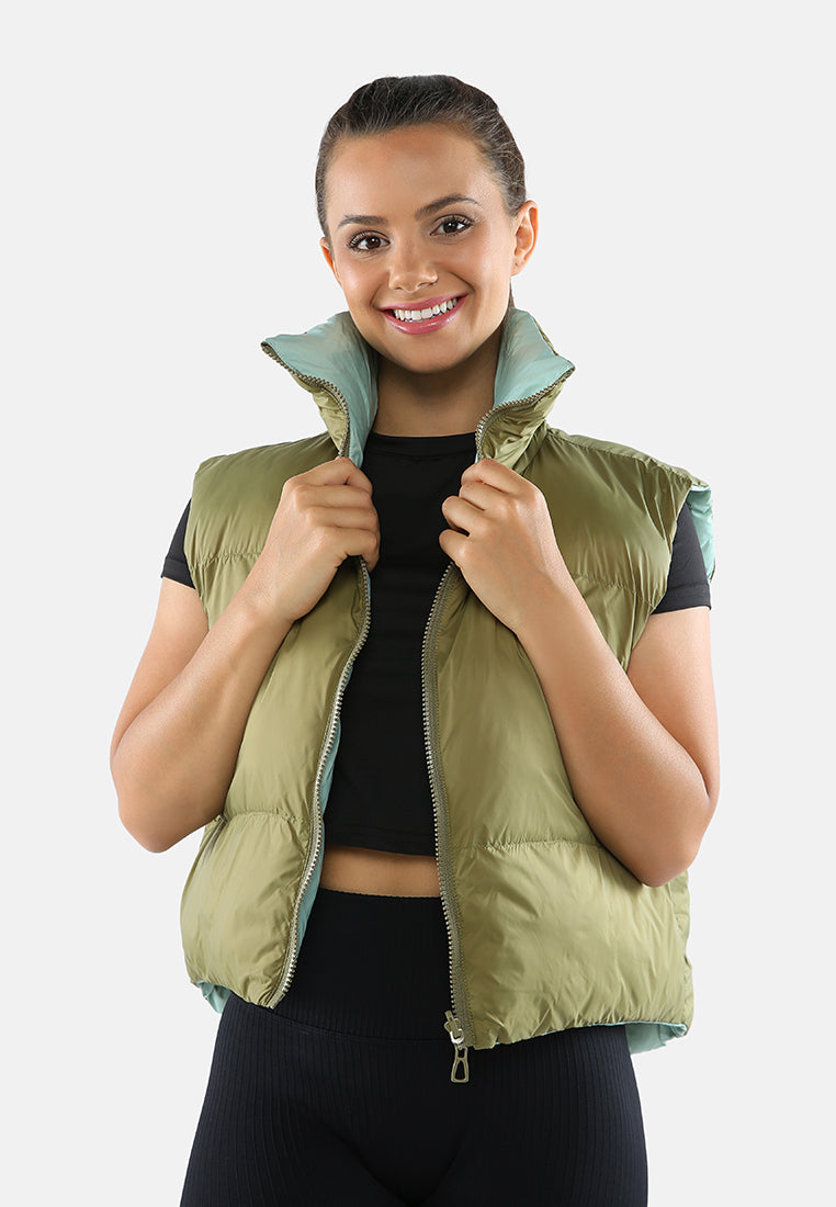 two way cropped sleeveless puffer jacket#color_olive-sage