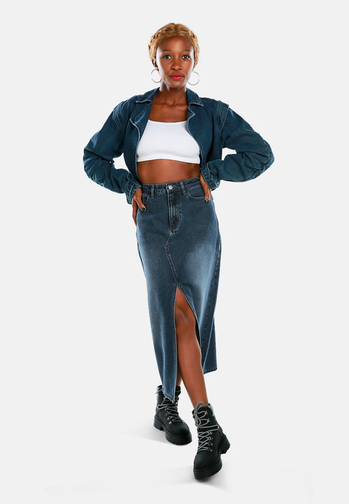 uber solid front slit denim skirt by ruw#color_mid-navy