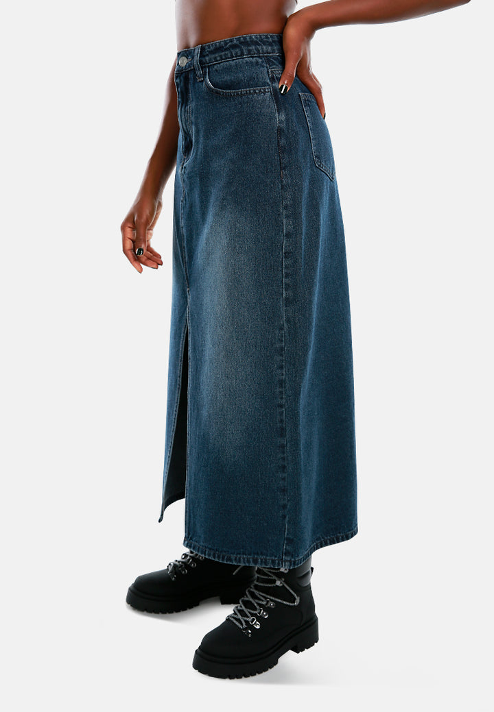 uber solid front slit denim skirt by ruw#color_mid-navy