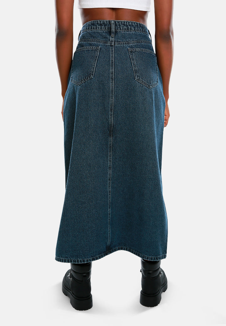 uber solid front slit denim skirt by ruw#color_mid-navy