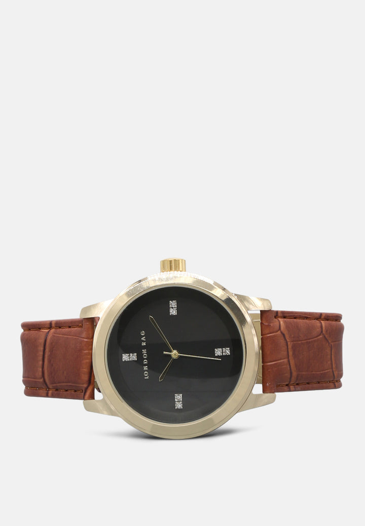 unisex brown casual watch with leather strap#color_brown