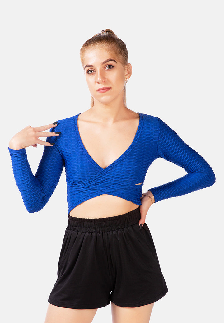 v-neck wrap yoga crop top#color_blue