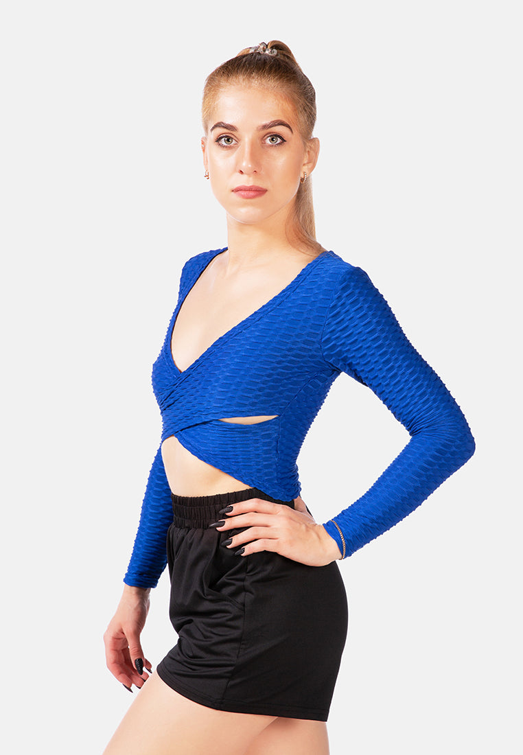 v-neck wrap yoga crop top#color_blue