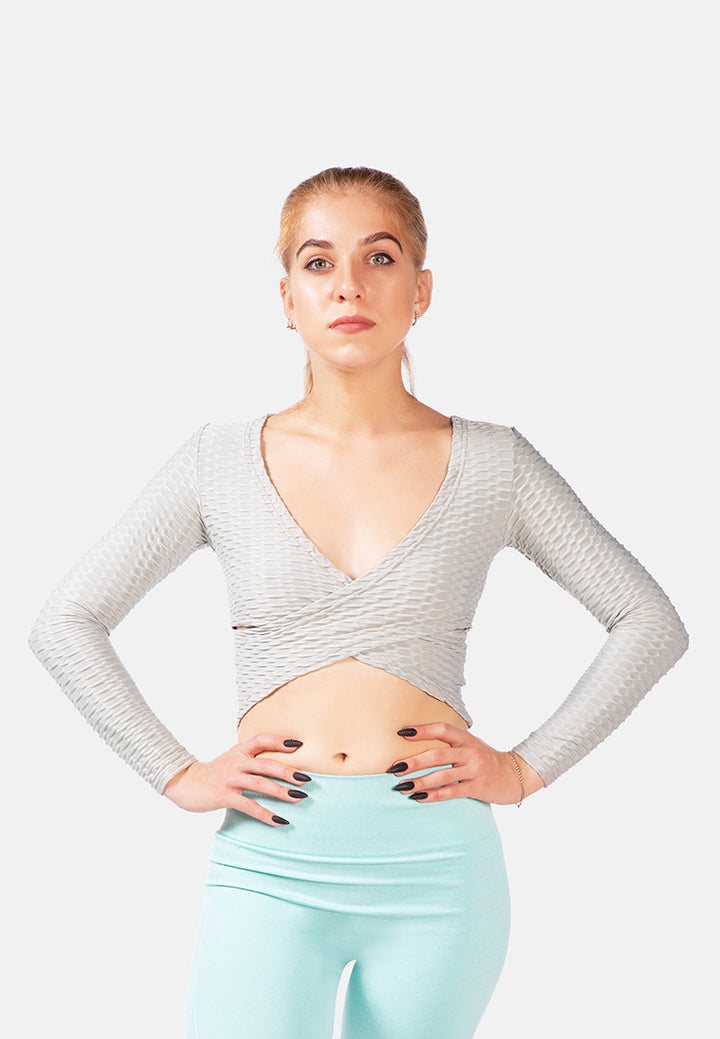 v-neck wrap yoga crop top#color_grey