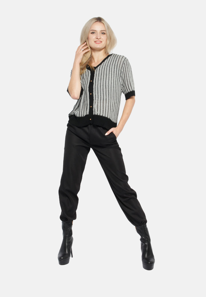 v neck cable knitted top#color_black