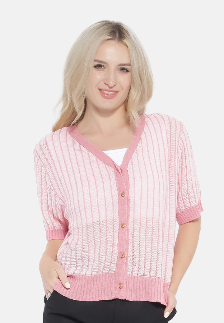 v neck cable knitted top#color_pink