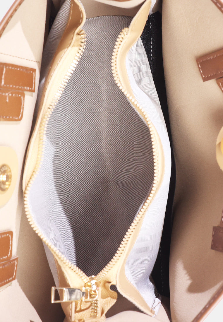 wavy patch color block tote bag#color_camel