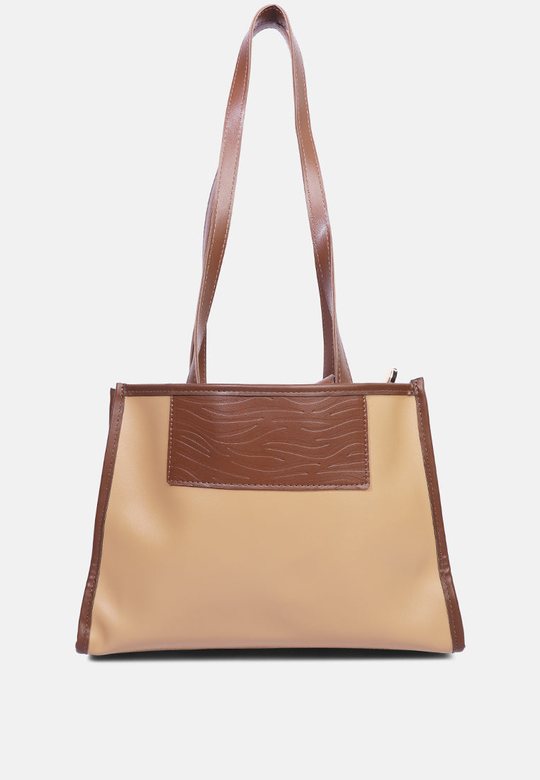 wavy patch color block tote bag#color_camel