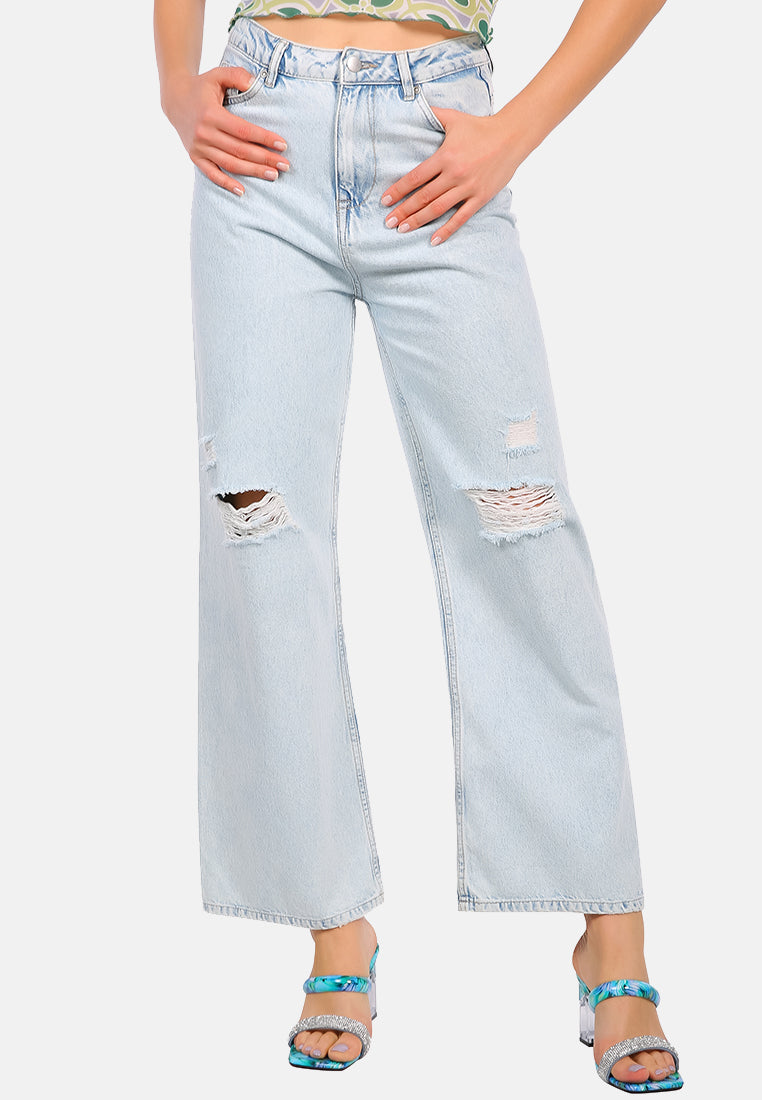 wide washed distressed jeans pants#color_light-blue