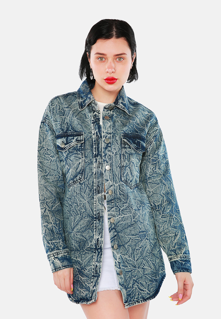 wrinkled acid wash denim shacket#color_dark-blue