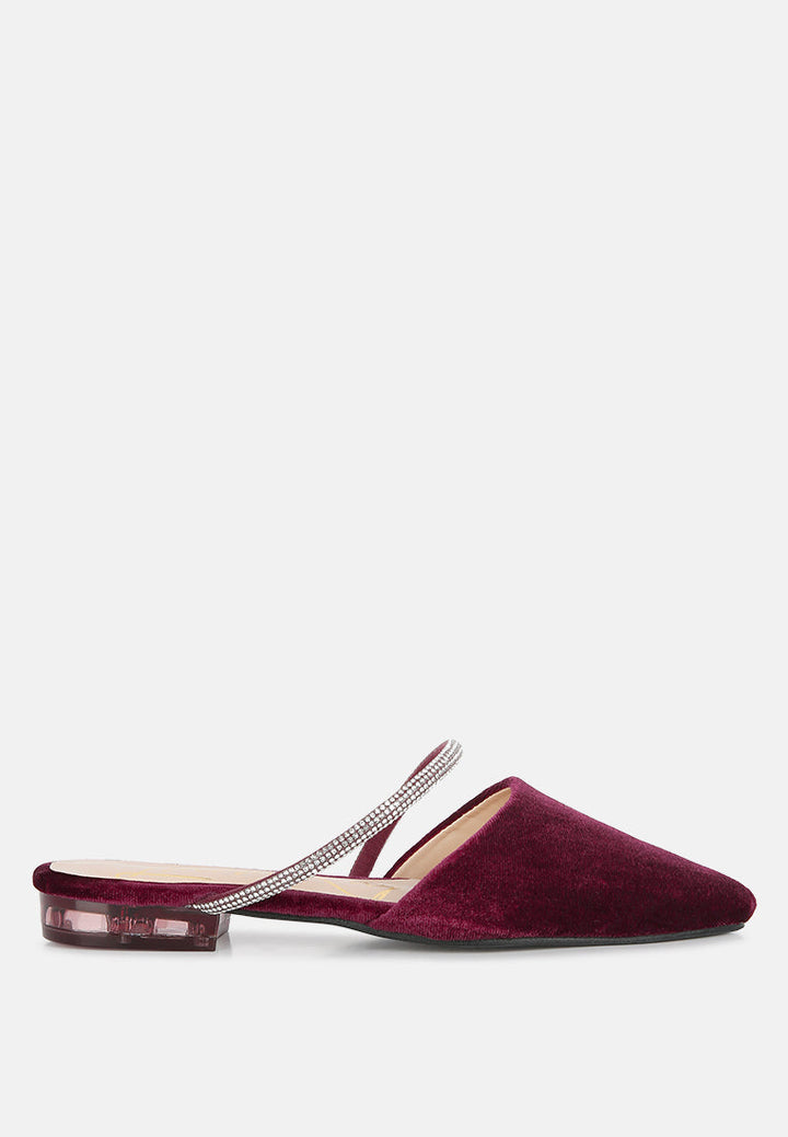 turnon velvet diamante detail flat mules by ruw#color_burgundy