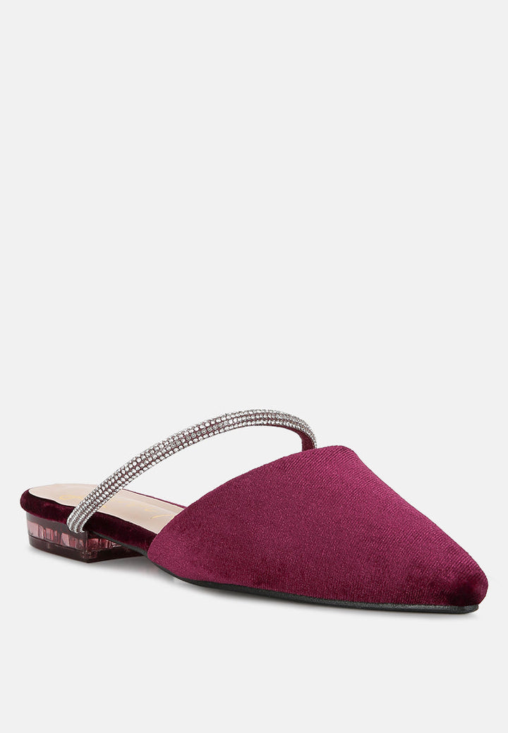 turnon velvet diamante detail flat mules by ruw#color_burgundy