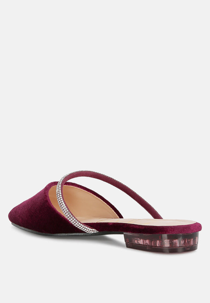 turnon velvet diamante detail flat mules by ruw#color_burgundy