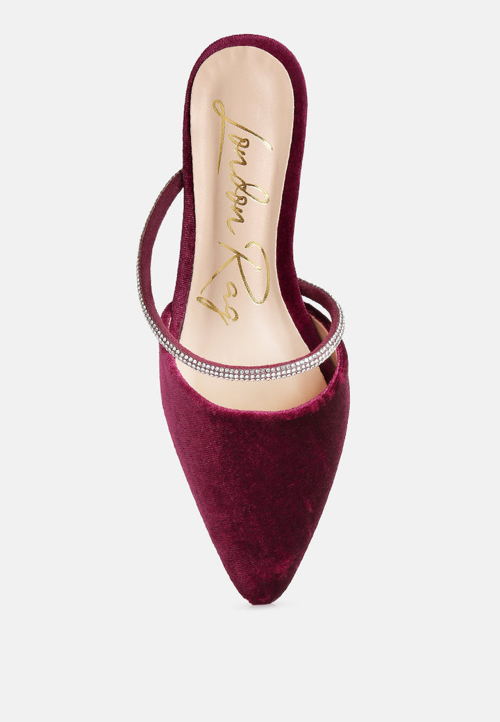 turnon velvet diamante detail flat mules by ruw#color_burgundy