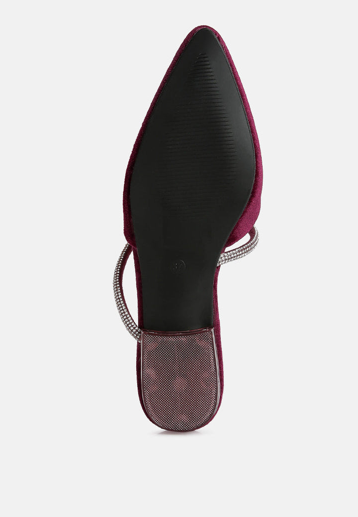 turnon velvet diamante detail flat mules by ruw#color_burgundy