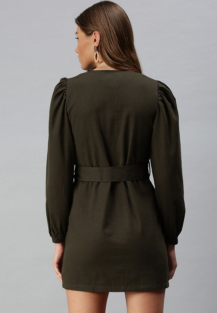 puff sleeve mini shirt dress#color_khaki