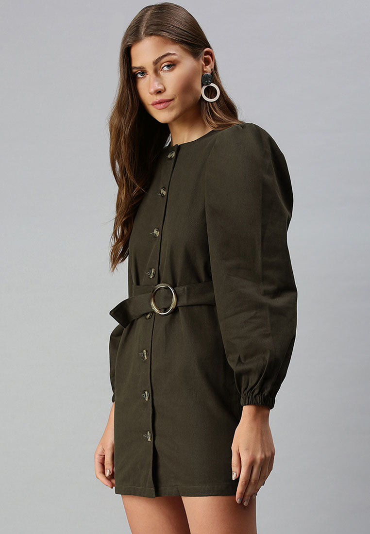 puff sleeve mini shirt dress#color_khaki