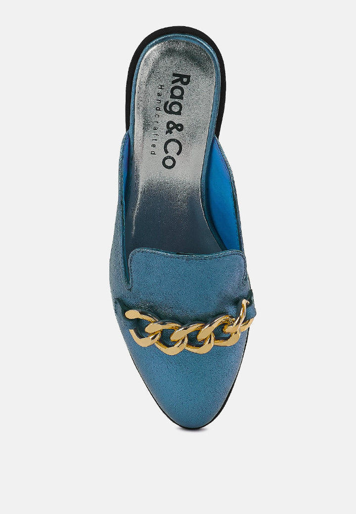 aksa chain embellished metallic leather mules by ruw#color_blue