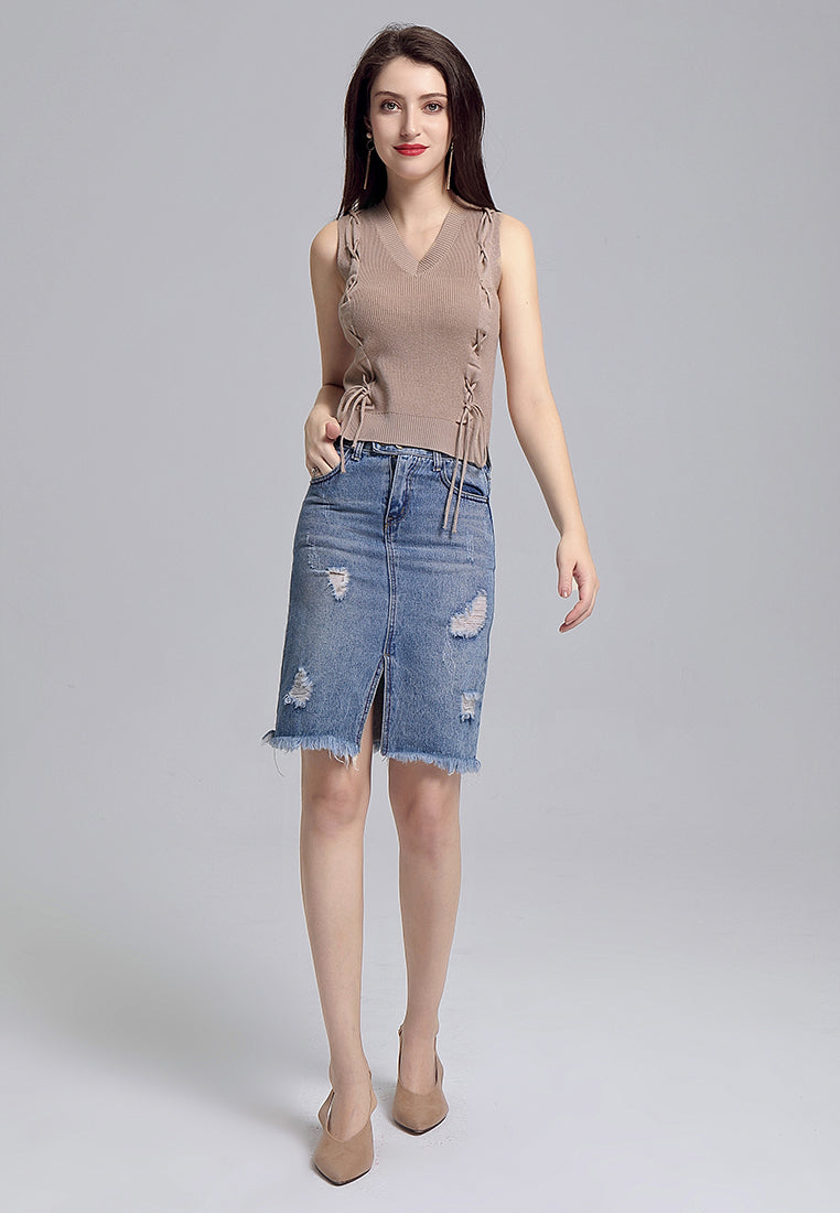 parallel drawstring v neck vest#color_beige