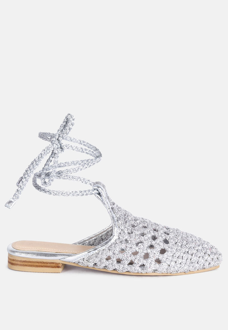 bartsi handwoven cotton tie up mule flats by ruw#color_silver