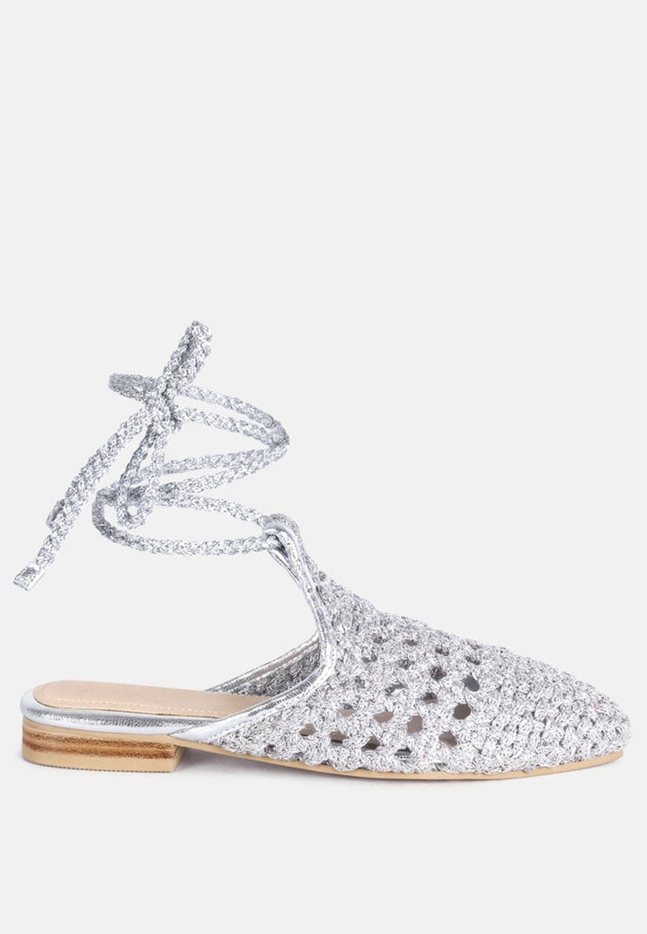bartsi handwoven cotton tie up mule flats by ruw#color_silver