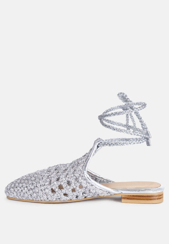 bartsi handwoven cotton tie up mule flats by ruw#color_silver