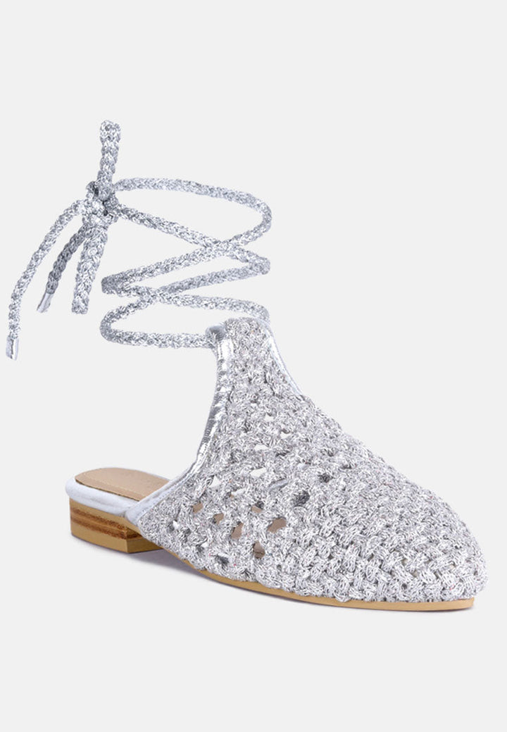 bartsi handwoven cotton tie up mule flats by ruw#color_silver