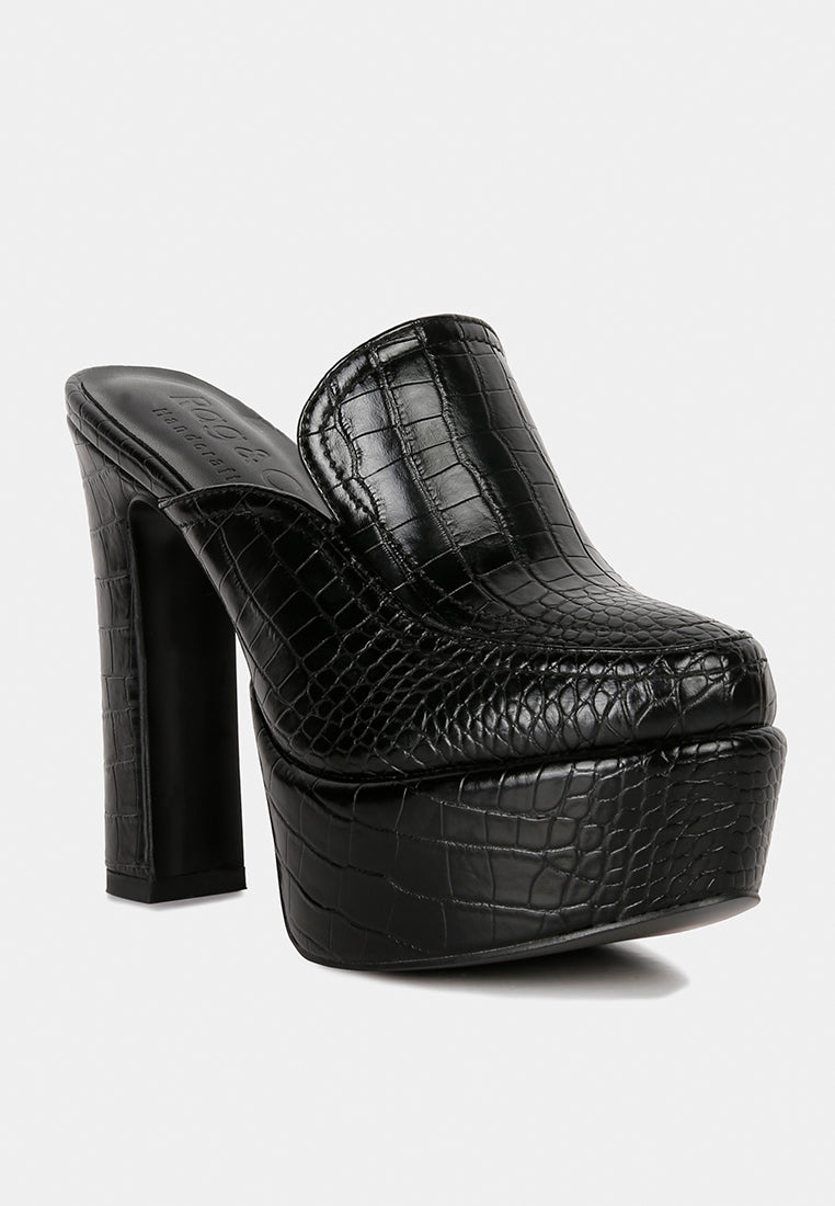bauhaus croc pattern heeled platform mules by ruw#color_black