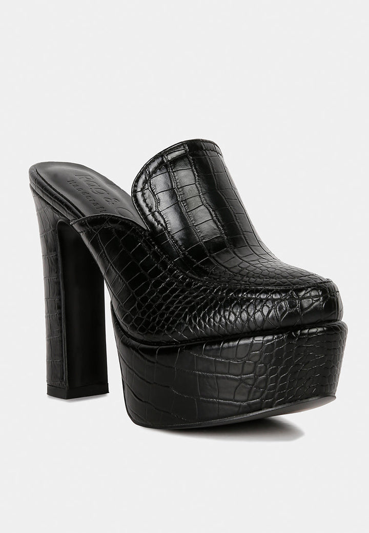 bauhaus croc pattern heeled platform mules by ruw#color_black