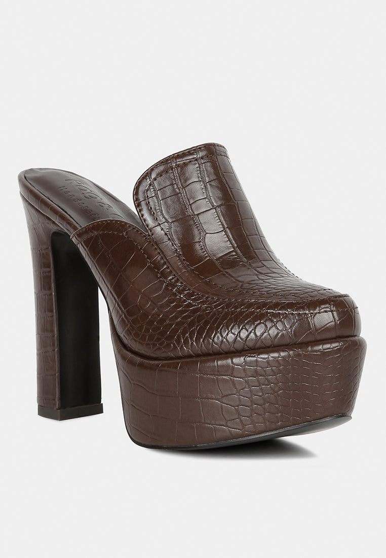 bauhaus croc pattern heeled platform mules by ruw#color_brown