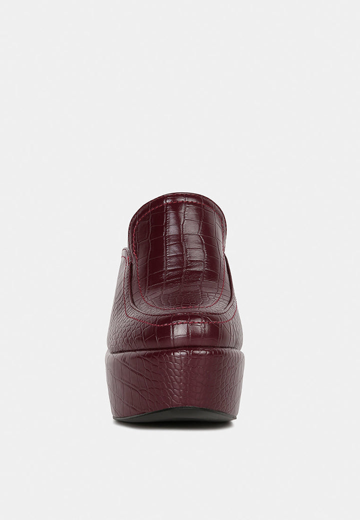 bauhaus croc pattern heeled platform mules by ruw#color_burgundy
