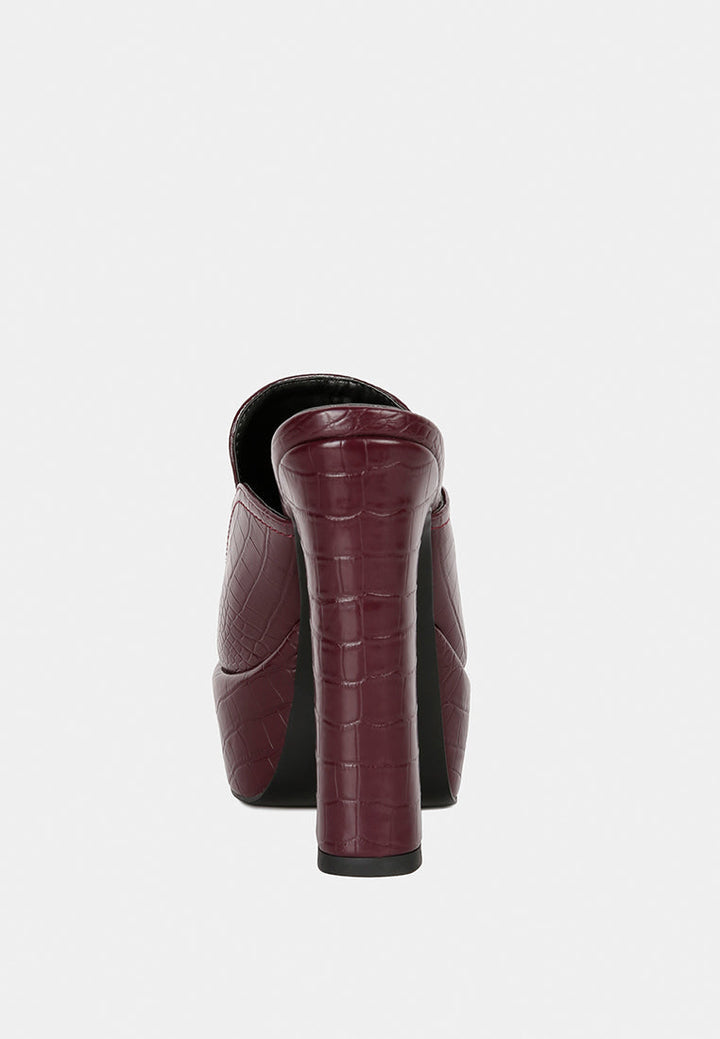 bauhaus croc pattern heeled platform mules by ruw#color_burgundy